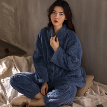 IF-KAN blue flannel pajamas for women in autumn and winter thickened and plush to keep warm can be worn outside coral fleece housewear