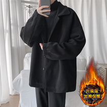 Winter plus cotton trench coat mens Korean version of loose trend Ruffian dubbed Joker casual coat black woolen coat