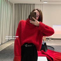 Chen Mother Girls' Sweater Outside Wear Oceanic New Year Red Turtleneck Sweater Autumn Winter Long Sleeve Knitwear