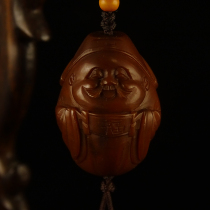 Pure handmade old-school hard knife worker Bag Pulp Fortuna Qi bamboo olive walnut carved single seed pendant text play collection