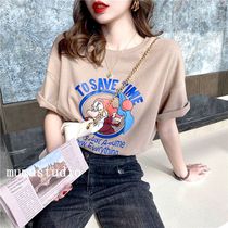 mumu white short sleeve T-shirt female new Korean version of loose cartoon tide ins foreign pure cotton base shirt interior top