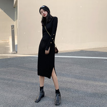 Bottom-knit one-piece dress 2022 New autumn and winter pop long sleeve open fork in long style Temperament Base Sweater Dress