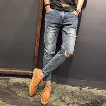 Rich bird ripped jeans mens summer thin section light color nine points trend elastic slim fit Korean casual mens pants