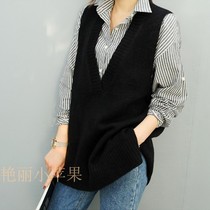 Clearance spring and autumn new knitted cashmere vest womens long large V-neck loose large size waistcoat sweater vest