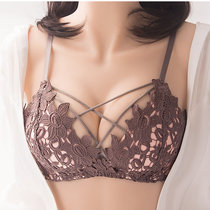 Steel-free lace lingerie summer thin female large chest appears small gathering sexy petals cross deep v bra suit