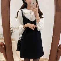 2021 Spring New Korean version of the wooden ear long sleeve shirt suspenders dress college style small man two-piece female