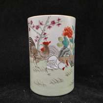 Tongzhi Pure Hand Painted Imitation Ancient Pink Rooster Grain Pen Holder Imitation Ancient Porcelain Ancient Play Antique Vintage Decoration Pendulum