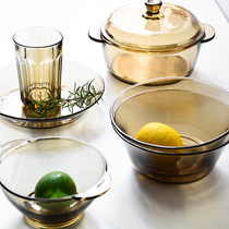 2-piece Nordic brown glass tableware dish set Household rice bowl Salad cereal instant noodles binaural soup bowl