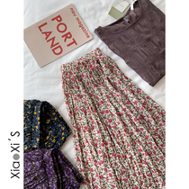 Xiaoxijia)High-waisted oil painting floral chiffon pleated skirt Female Xia Xian thin mid-length yarn a-line beach skirt
