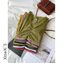 Xiaoxijia) Drawstring pleated short-sleeved 2021 Spring and summer womens T-shirt solid color V-neck slim-fit bottoming shirt inner top
