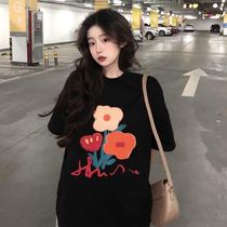 Graffiti creative short sleeve T-shirt Women in summer 2022 new retro loose with wind black bottom-shirt blouses