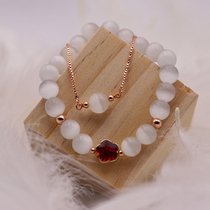Personality White Cat Eye Stone Bracelet Brief Red Flowers Handstring Send Bestie Lukewarm Wind Bilayer Bracelet Little Qingxin