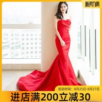 Temperament bandeau evening dress Burgundy socialite high-end atmosphere Queen annual meeting party slim fishtail toast service women