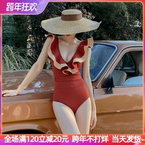 Australian French retro ruffle one-piece swimsuit female sexy deep V thin Thailand seaside resort hot spring swimsuit