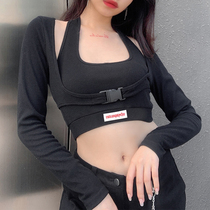 European and American ins black tight neck vest long sleeve small jacket short sexy sports top two-piece female tide