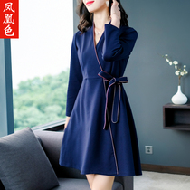 2021 autumn new professional bow lace-up dress female v collar slim slim A- line dress temperament base skirt