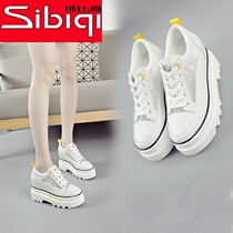 Platform shoes womens thick-soled small casual white shoes all-match invisible inner increase 10 cm leather lace-up net shoes