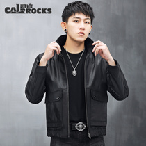 New Locomotive Leather Jacket Mens Leather Fur Clothes Short Clothes Leather Head Short Leisure Small