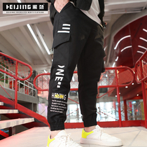 Black strong plus size overalls mens autumn and winter plus velvet fat pants trend multi-pocket drawstring plus fat plus leggings