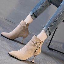 Hong Kong Tide Cards High Heels Shoes 2022 Autumn Winter New Fine Heels Frosted Short Boots Korean Version 100 Hitch Genuine Leather Girl Boots