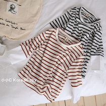 Korean baby childrens cotton striped T-shirt 2021 autumn new men and women childrens baby long-sleeved top