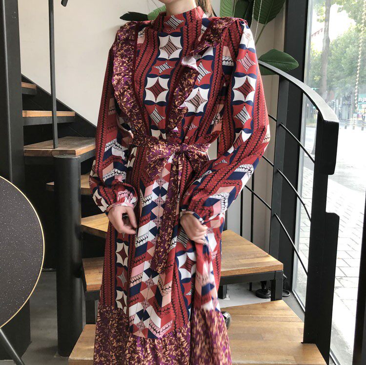 民族风立领荷叶边配色拼接系带连衣裙