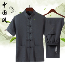 Summer Chinese style cotton and linen thin short sleeve set Tang suit for middle-aged and elderly mens linen plus fat increase grandpa summer clothes