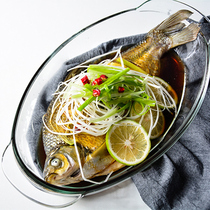 Fish plate Household large heat-resistant Japanese-style tempered glass dish steamer Microwave oven baking plate grid steaming plate