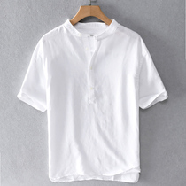 Summer thin loose casual linen short sleeve T-shirt mens hipster literary white cotton linen half sleeve t-shirt