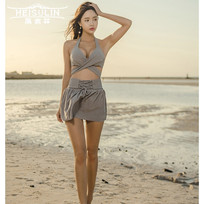 Fashion halter neck cross bikini Sexy big chest gathered split body spring swimsuit Womens high waist strap solid color swimsuit