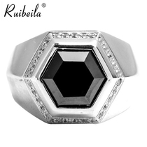 ruibeila925 silver personality European and American cut face simple black gemstone ring mens atmospheric Thai silver index finger ring