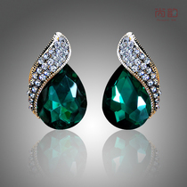 Fashion all-match emerald gem full diamond water drop ear buckle cheongsam catwalk banquet ear stud earrings without ear piercing ear clip earrings