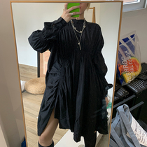 UN original cold wind dark black line irregular pleated skirt blouse dress long French niche
