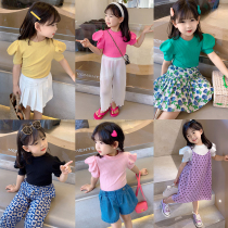 Girl Short Sleeve T-shirt 2022 Summer Dress New Children Foreign Air Pure Color Compassionate Blouses Baby Pure Cotton Undershirt Tide