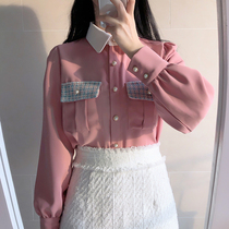 2021 Spring and Autumn New Korean version of color lapel lapel Pearl single-breasted pocket long sleeve shirt female design sense niche