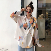Printed shirt women's design sense niche 2019 new loose medium and long retro harbor style coat long sleeve shirt