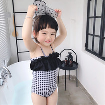 Korean retro ins style girls swimsuit Korean version of the baby lace suspender small fresh plaid one-piece princess swimsuit