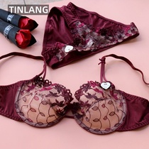 European and American bra set bra small big chest small sexy temptation with steel ring embroidery ultra-thin large size underwear women