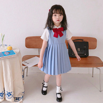 Girls summer clothes college style fake two-piece dress Girls thin short-sleeved blue pleated skirt Western style childrens skirt