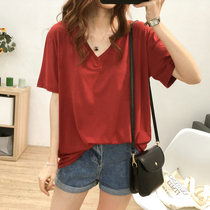 Ice silk short sleeve T-shirt woman 2022 new summer loose Korean version of slim beat undershirt pure color half sleeve V collar jacket woman