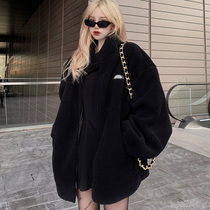 Black lamb plush jacket womens 2022 autumn and winter mid-length new style plus velvet national tide loose high-quality shake grain cotton clothing