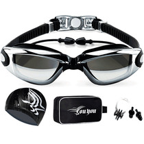 American VR Swimming Mirror High Definition Myopia waterproof anti-fog male and female galvanic mirror with earplug swimming goggles two eye degrees different black