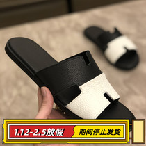 European station trendy brand slippers mens sandals summer leather soft bottom beach slippers cowhide casual outerwear flip flops
