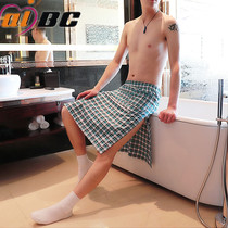 Mens Bath Skirt Underwear Plaid Nightdress Cotton Casual Home Breathable Sweat-absorbing Sexy Pajamas Scottish Mood Skirt