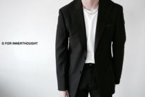 G FOR INNERTHOUGHT HANDMADE BLACK WOOL SPLIT COLLAR SUIT WITH TWO BUCKLES