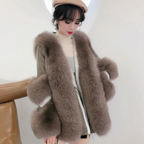  2020 new fox fur grass coat womens fashion cardigan rivet young waist fur one-piece coat short