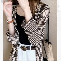 Ice silk knitwear womens summer thin long sleeve blouse 2021 new spring and autumn Korean version of loose striped cardigan jacket