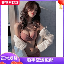 Sexy seamless underwear womens small breasts gather to show big no steel ring to close the pair of breasts comfortable ice silk bra set summer