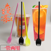 Youshile 1000cc fruit tea fork long handle disposable extended fork spoon One-piece dual-use long fork 700ml