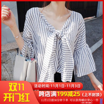 2020 spring and summer new Korean version of womens hollow lace seven flared sleeve stripe T-shirt shirt pullover v neck shirt